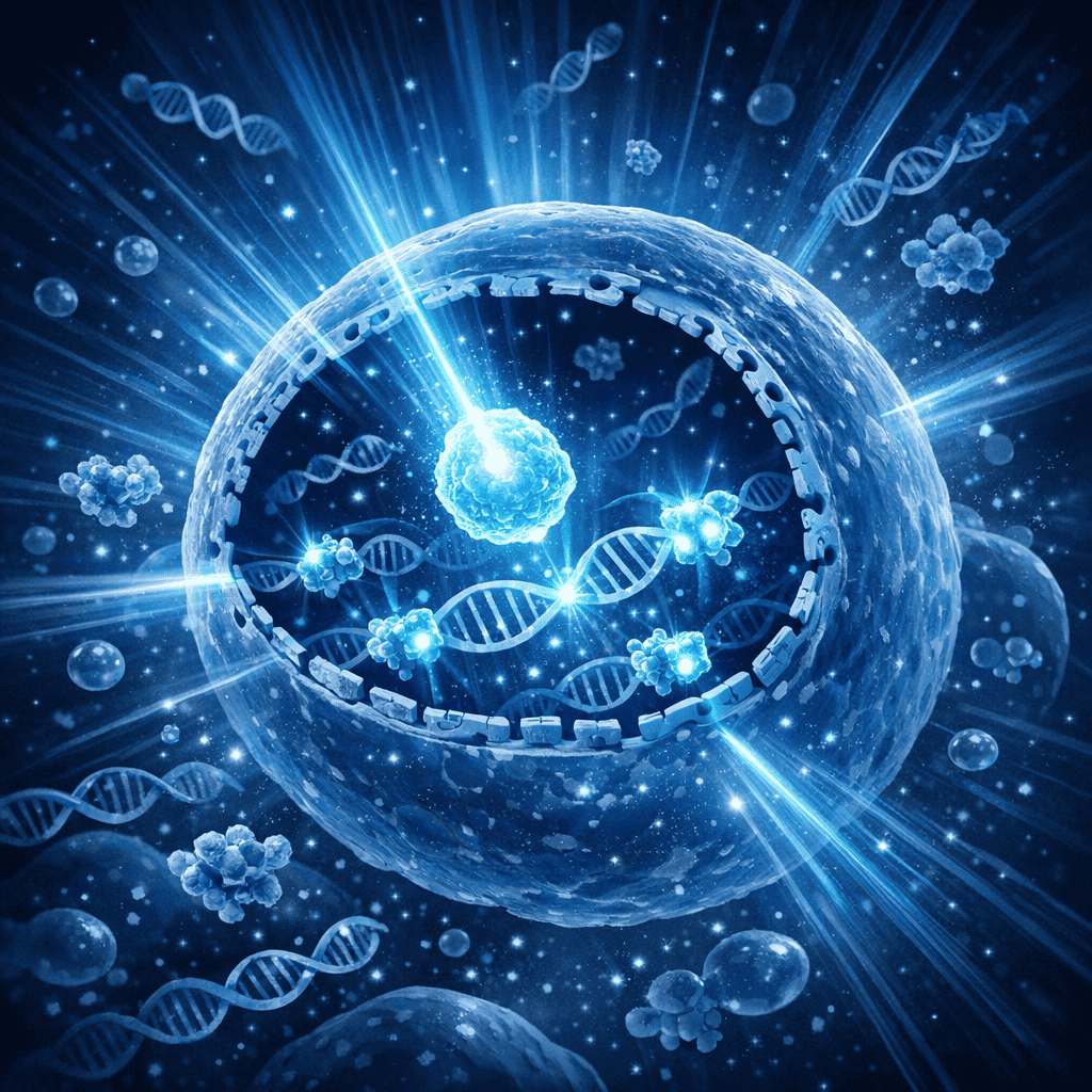 Illustration of the NRF2 pathway activating protective genes inside a cell