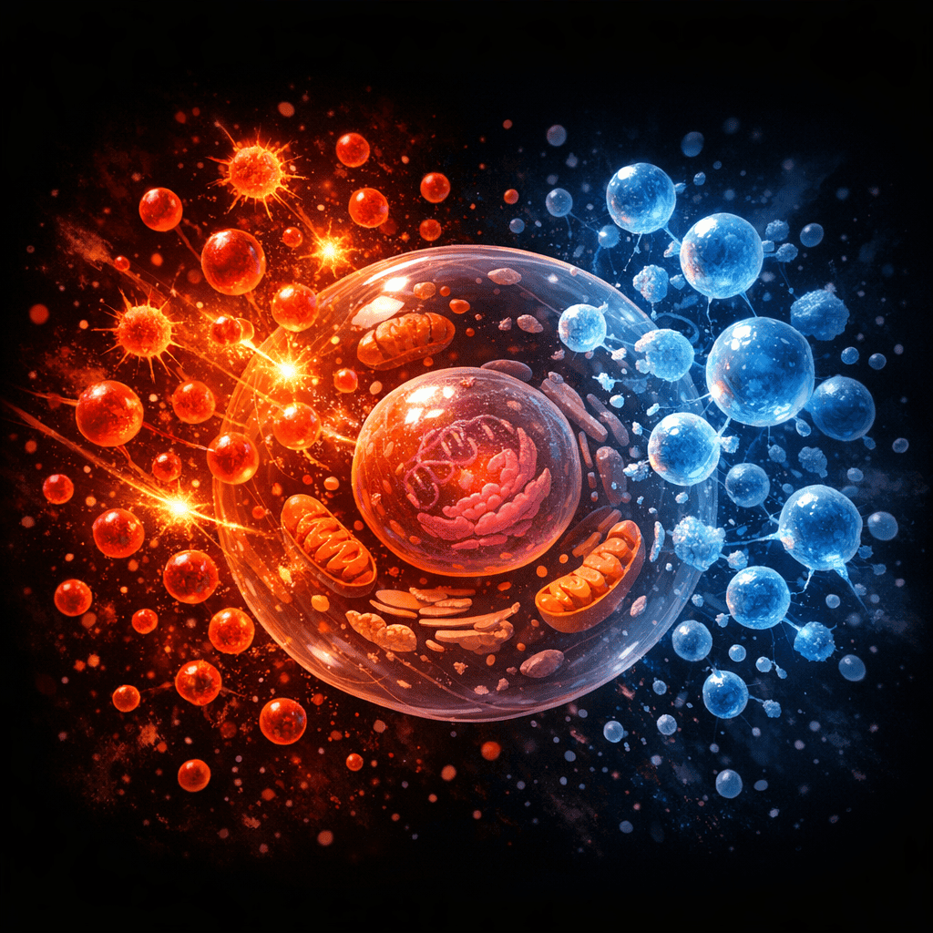 Illustration of oxidative stress and free radical damage to a cell