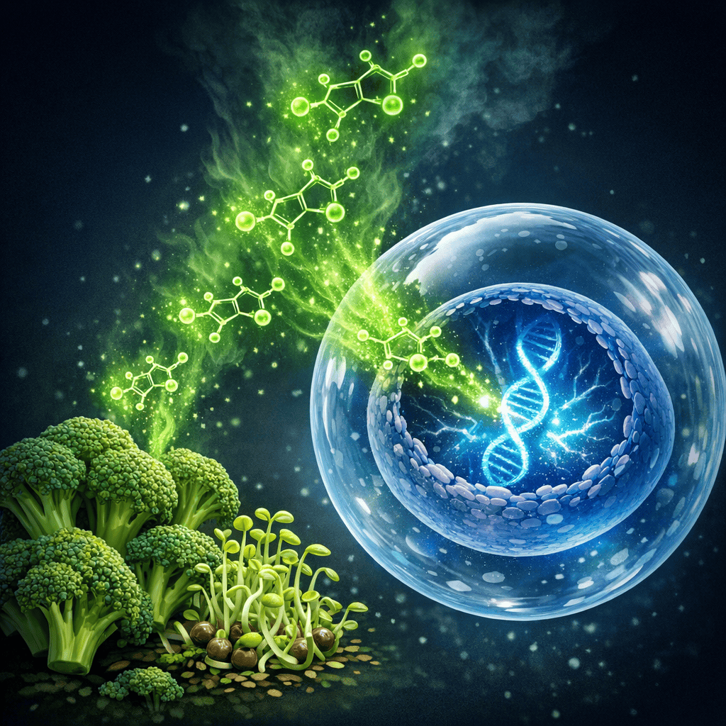 Illustration of cruciferous vegetables releasing sulforaphane molecules that activate NRF2