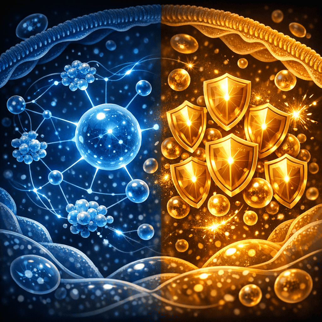 Illustration comparing redox signalling and antioxidant defence systems