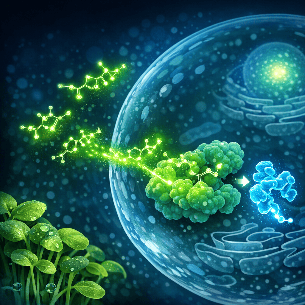 Illustration of sulforaphane molecules from broccoli activating the NRF2 pathway