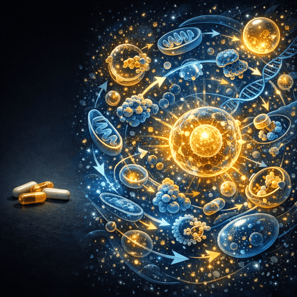Illustration comparing supplement capsules to internal cellular defence systems