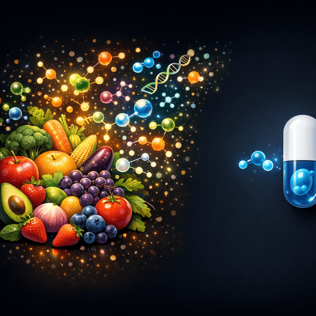 Illustration of whole foods providing complex nutrition versus isolated supplement capsules