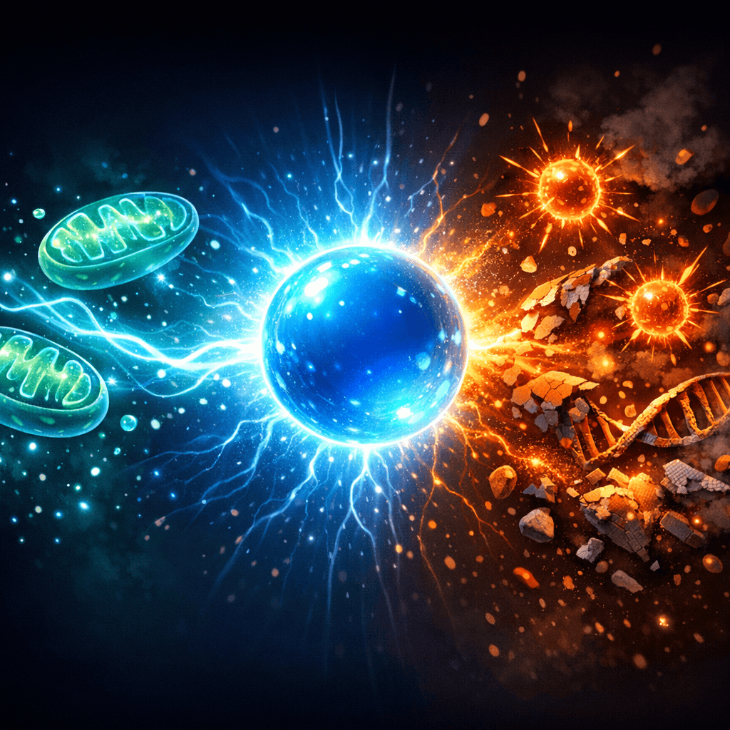 The Paradox of Oxygen: Why the Molecule That Keeps You Alive Also Ages You Illustration of the oxygen paradox showing oxygen sustaining life while generating reactive species
