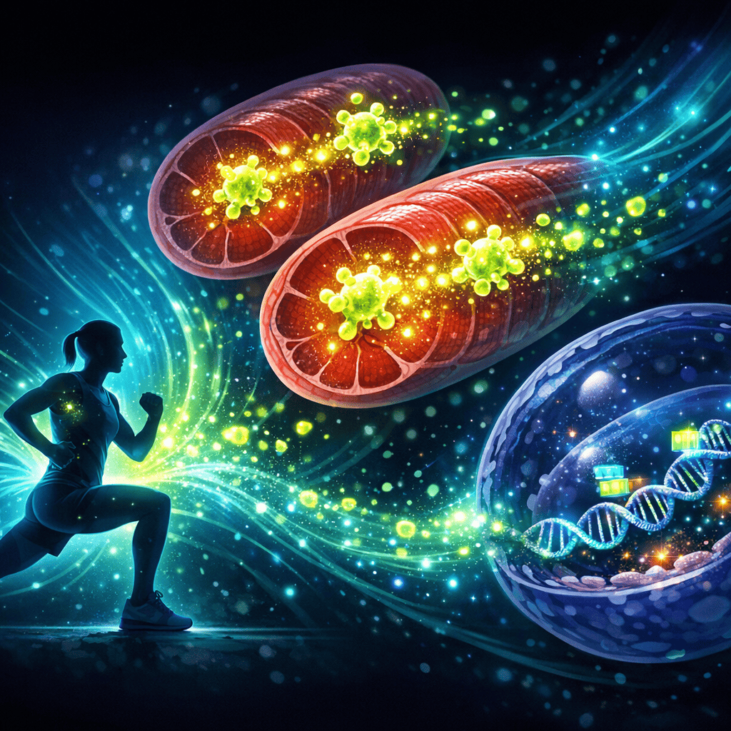Illustration of exercise activating the NRF2 pathway inside muscle cells