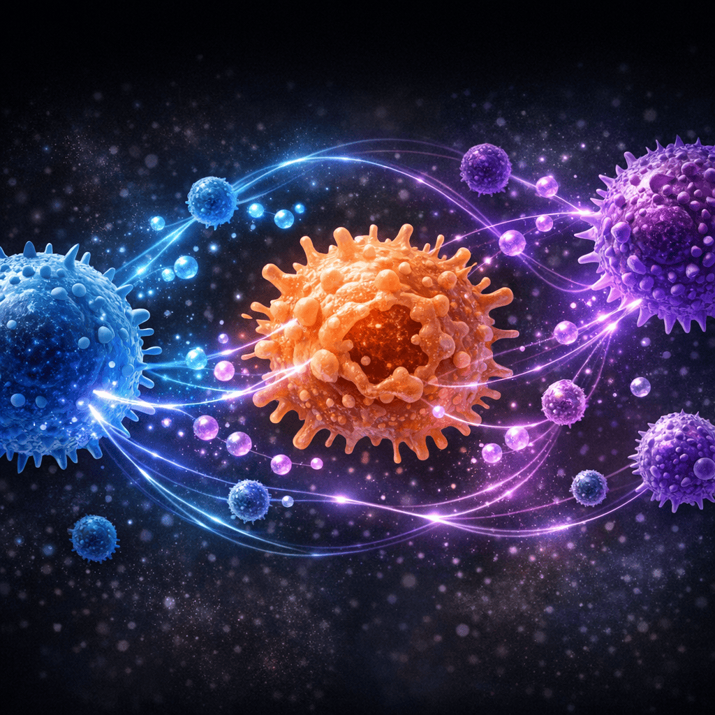 Illustration of immune cells communicating through redox signalling