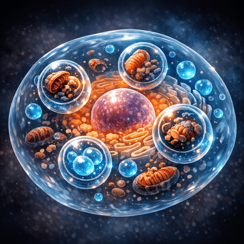 Illustration of cellular autophagy cleaning up damaged components during fasting